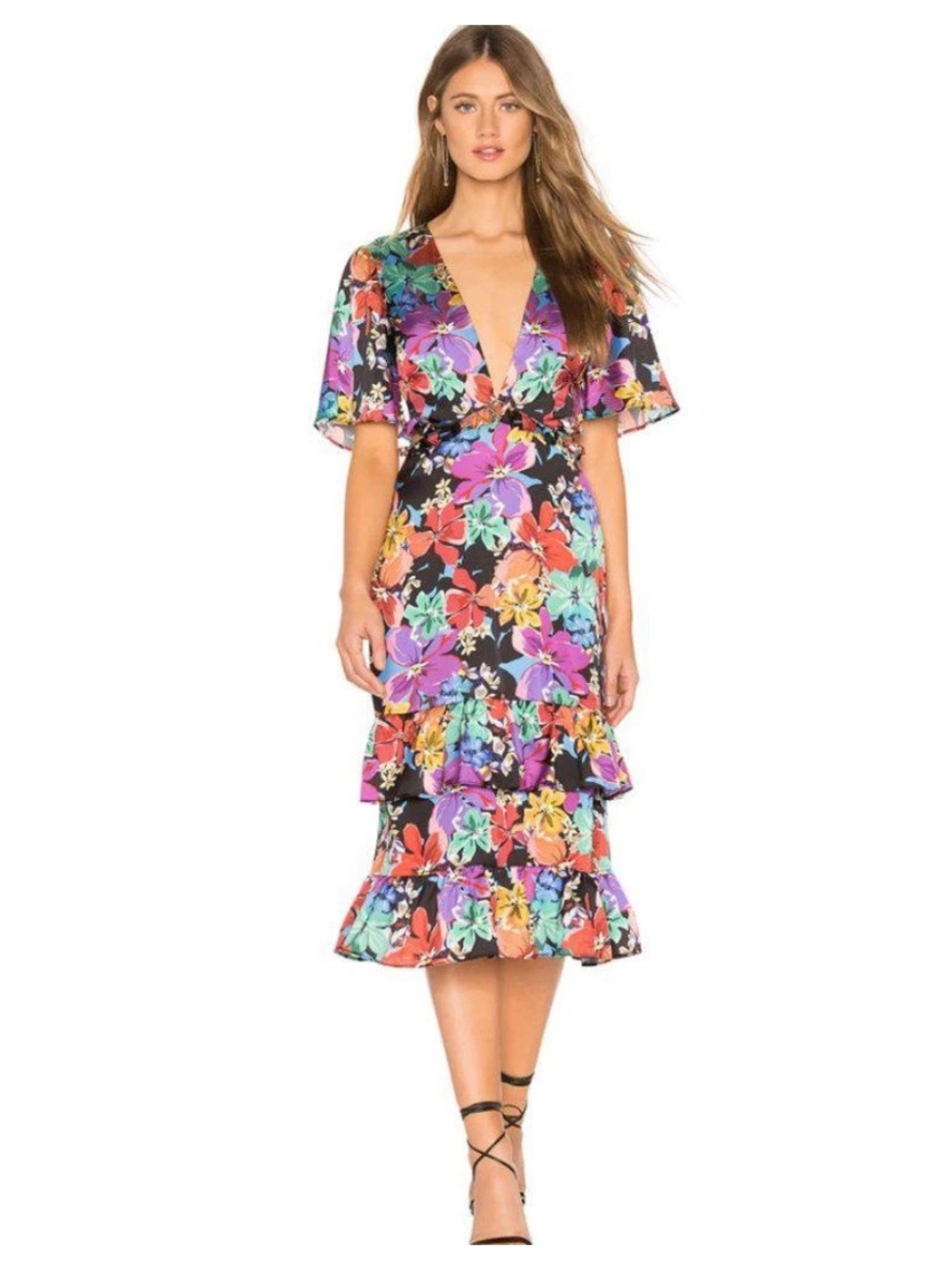 Tularosa Kaylee Dress in Magenta Floral Bloom Low-Cut Ruffles Sz Small